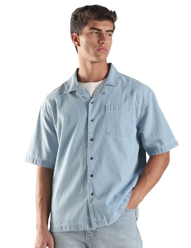 Image of INKD Men's Casual Denim Shirt - 100% Cotton | Half Sleeves | Oversized Fit | Single Patch Pocket | Resort Collar
