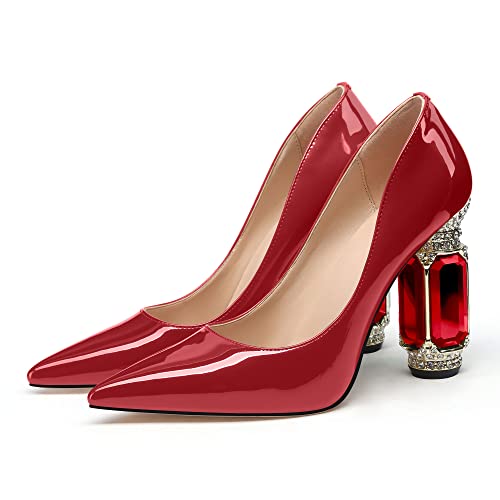 Image of JANSEVEN Women Chunky Heels Pumps Crystal Block Heels with Rhinestones Pointed Toe Sexy Gradient Patent Leather Slip on Bridal Party Wedding Dress Shoes 5-13 M US