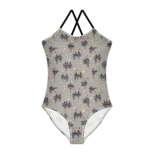 senya Girls Swimsuits One-Piece Swimwear Tie Bathing Suit Beach Summer Round Neck 7-8T Boat American Flag Pattern