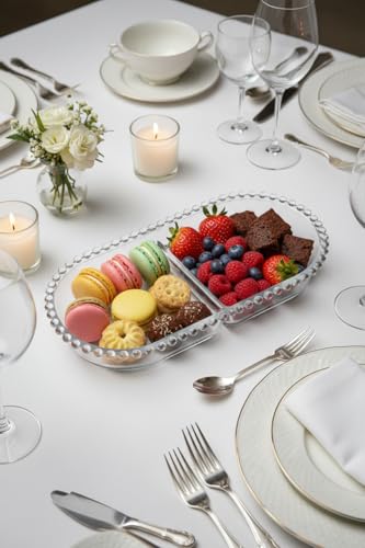 Image of Glassbunny Glass Beaded Serving Platter with Divider, 2-Section Dessert Plate, Clear Crystal Oval Shape Tray for Dry Fruits, Serving Dish, Home Decoration