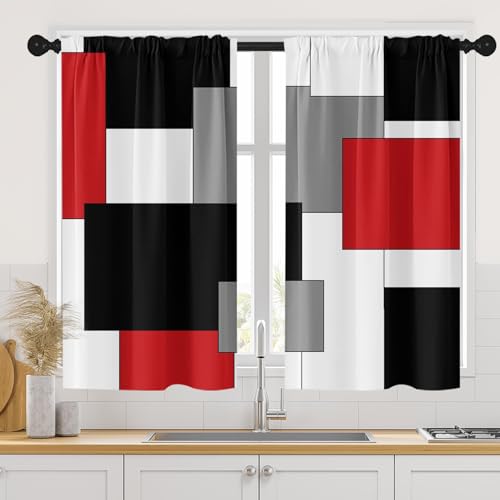 Tayney Red Kitchen Curtains 45 Inch Length Black Grey White