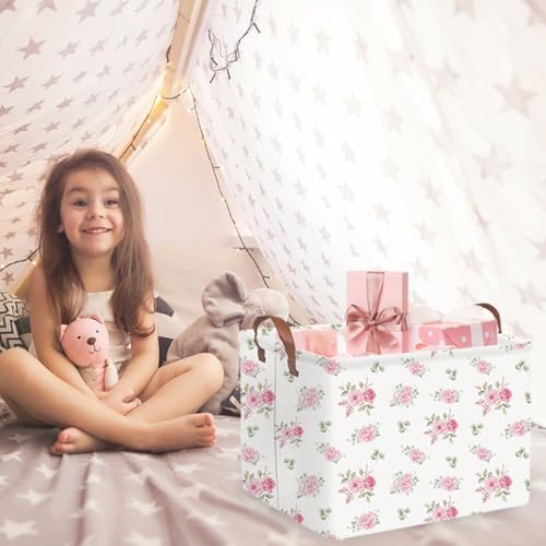 Image of Rectangular Rose Pink Flower Basket for Girls,Waterproof collapsible laundry basket for girls,Kids Storage Baskets,Books Box,Gift Baskets,Baby Room Decor(Pink Flowers)