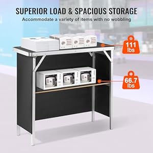 VEVOR Folding Portable Bar Table Tradeshow Podium Table for Indoor Outdoor Party Picnic Exhibition Includes Carrying Case Storage Shelf and Black Skirt 3839 x 1516 x 3425