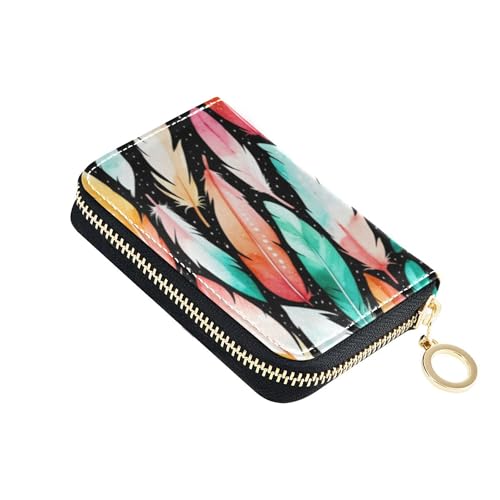 GAIGEO Designer Womens Wallets Leather RFID Blocking Credit Card Wallets Colorful Feathers Black Coin Purse Pouch with Zipper