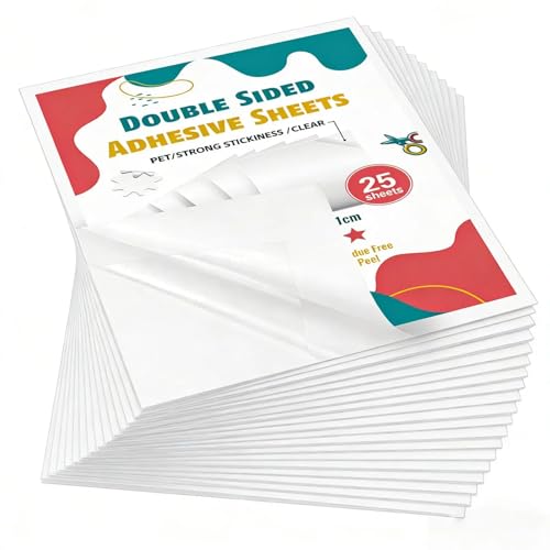 25 Hojas Adhesivas Doble Cara Tamaño A4 Transparentes–Papel Adhesivo Cortable para Imprimir (Inyección de Tinta/Láser)para Manualidades, Envolver Regalos, Álbum de Fotos–Compatible Offset y Serigrafía