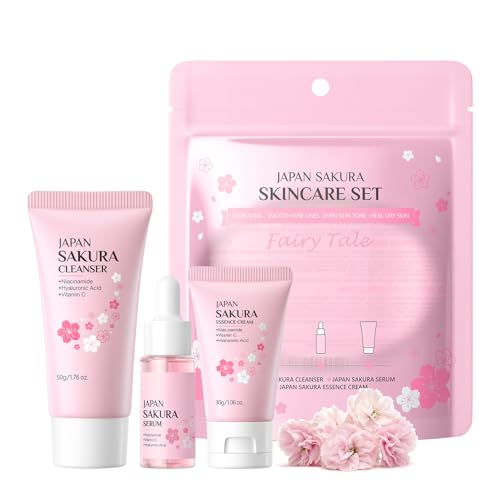 Sakura Face Care Set 3 Pieces - Moisturising Skin Care Sets Teenager Girls Gift - Travel Size Beauty Set with Cleanser, Cream, Serum - Face Care Gentle Cleaning & Nourishing - All Skin Types