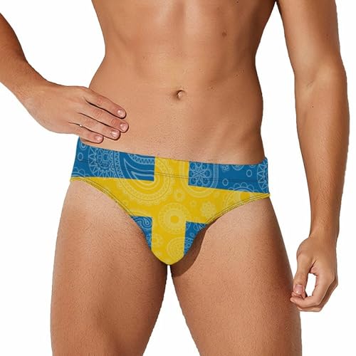 Sweden Flag Paisley Pattern Novelty Men's Swimming Brief Swimwear Pants Trunks Beach Shorts Underwear