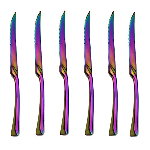 PUZHLER Dinner Knives Set Dinner Knife, Titanium Colorful Plated 18/10 Stainless Steel, rainbow utensil set, Flatware Set of 6 Pieces