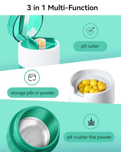 Image of Pill Crusher Fine Powder, Pill Grinder & Cutter, Storage Box, Cyan | Stainless Steel Pestle, Pill, Vitamins, Tablets, Crusher for Elderly, Pets, Easy to Use, Crushes Medications into Fine Powder