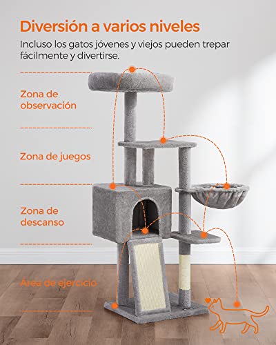 Miniatura 3 de FEANDREA Árbol para Gatos Pequeños, 135 cm, Condominio para Gatos de Felpa de Varios Niveles, con Cubierta de Plataforma Extraíble y Lavable, Rascador, Cesta, Cueva, Gris Claro