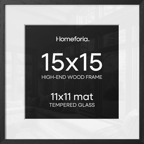 Image of Homeforia 15x15 Black Wood Frame, High End Oak 15 x 15 Square Picture Frames with Mat 11 by 11 inches Photo, 15by15 Black Wooden Poster Frames Matted to 11x11 Print, Tempered Glass, Wall Kit, Set of 1