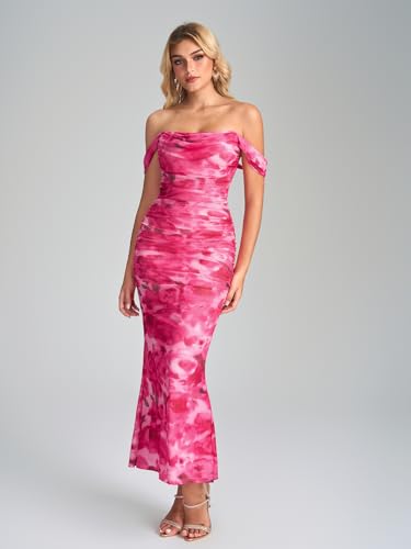 Image of KUTUMAI Off The Shoulder Maxi Long Dress Corset Ruched Bodycon Cocktail Formal Wedding Guest Dresses for Women
