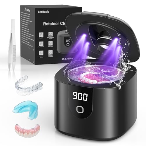 Ultrasonic Retainer Cleaner, 45kHz Retainer Cleaner Machine with 4 Modes Digital Timer, 200ML Denture Cleaner with Mouth Guards, Braces, Toothbrush Heads, Jewelry (Black)