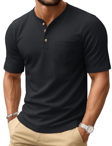 MAGCOMSEN Men's Henley Shirts Short Sleeve Cotton Pocket T-Shirts Casual Button Henley Soild T-Shirt for Summer Black