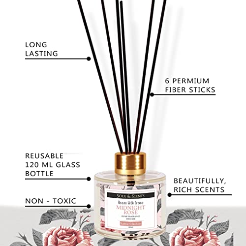 Image of Soul & Scents Midnight Rose Reed Diffuser Set - 120ml with Free 6 Fiber Reed Sticks Each | Toxin Free & Stress Relief | Long Lasting | Smoke Less Room Freshener for Home, Bedroom & Office | Pack of 2
