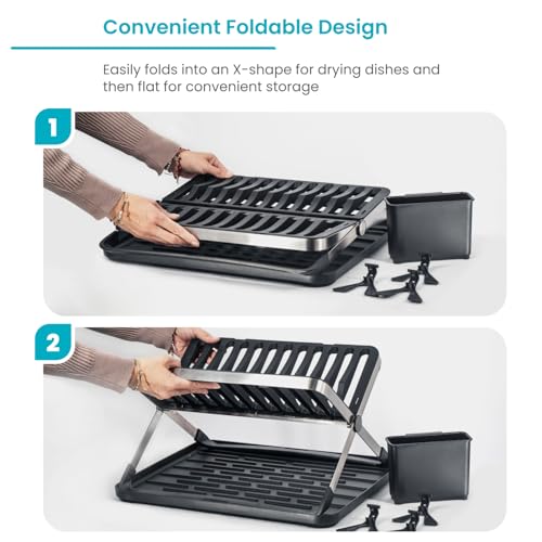 Image of Home Zone Living Dish Drying Rack for Kitchen Counter | X-Shape Foldable Design with Drip Tray and Holder for Utensils and Wine Glasses