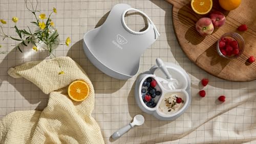 Image of BabyBjorn Mealtime Set, 4 pc, Gray | Includes Plate, Fork, Spoon, and Cup | Dishwasher Safe | Toddler feeding set for self-feeding or led weaning