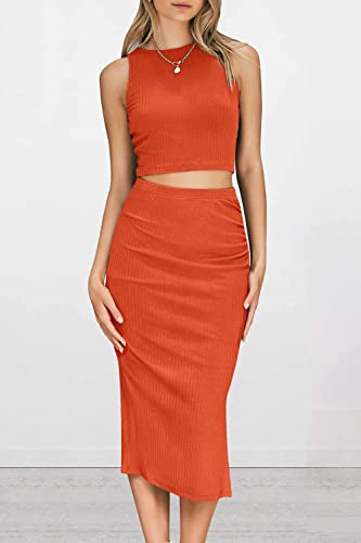 Prettygarden Women's 2 Piece Summer Outfits Crewneck Tank Tops Split Bodycon Midi Skirt Dress Set (Orange,Medium) #TOP1