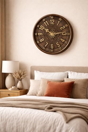 Image of Big Size Designer Wall Clock 13.5 Inch for Living Room Gear Design Seconds Needle | Unique Wall Watch for Bedroom, Office, Kitchen, Hall| No TIK-TIK Decorative Clock for Home Decor.(Brown)