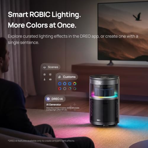 Image of DREO Smart Air Purifier With RGBIC Light,Home Air Cleaner with Wi-Fi /Voice /Alexa, 4 Speeds & Auto /Turbo /HEPA Sleep Modes for Smoke, Dust, Pollen, Odor, PM2.5 Quality Monitor, DREO 530S, DR-HAP010S
