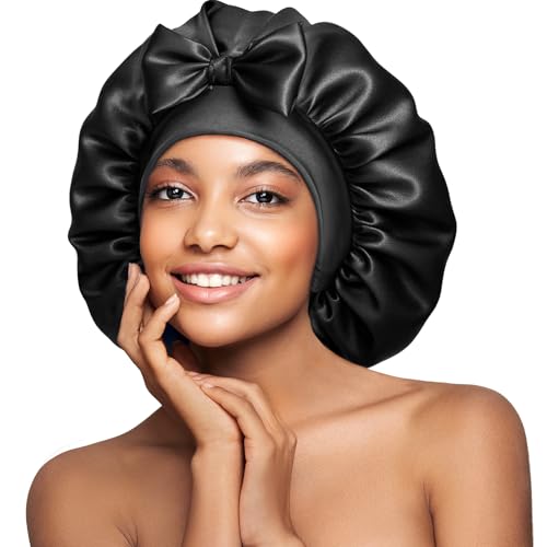 Umisleep Double-Sided 100% 22 Momme Mulberry Silk Bonnet for Sleeping Women, Large Silk Hair Wrap for Long Curly Hair, Non-Slip Sleep Cap with Adjustable Band, Ebony