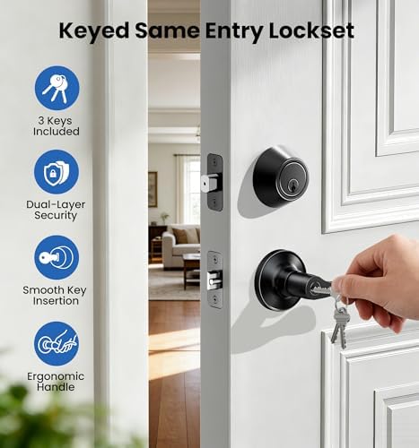 Veise Keyed Alike Front Door Lever, Door Handle & Deadbolt, Matte Black - 1