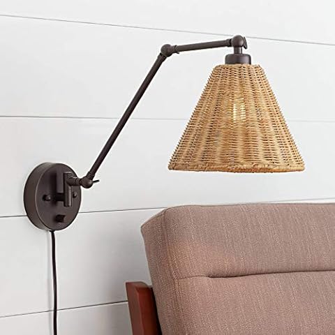 Barnes and Ivy Rowlett Cottage Swing Arm Adjustable Wall Mounted Lamp with Cord Bronze Plug-in Light Fixture Natural Rattan Shade for Bedroom Bedside House Reading Living Room Home Hallway Cover