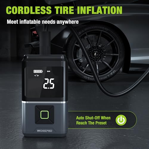 WORKPRO Elektrische luchtpomp, 150 psi (10,3 bar), acculuchtcompressor 7,2 V, 2500 mAh, draadloze draagbare bandenpomp met digitaal display en noodverlichting voor auto, fiets, motorfiets, ballen - Afbeelding 4