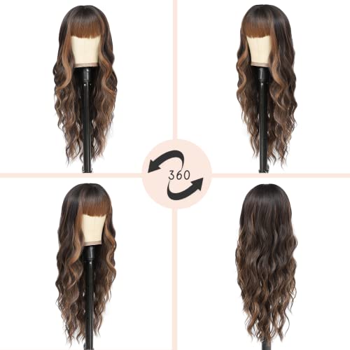 Nayoo Long Brown Wigs With Bangs For Women Curly Wavy Hair Wigs Heat Resistant Synthetic Fiber Wigs For Daily Party Use 26 Inches (Dark Brown Mixed Chestnut) #TOP1