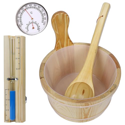 Sauna Eimer Set (4 Liter), Sauna Eimer mit Kelle, Saunakã Bel aus Holz mit Kelle Sanduhr, Thermo, Hygrometer, Hitzebeständiger Saunakã bel 4L Inkl Einsatz