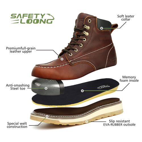 Image of Moc Toe Work Boots for Men Waterproof Soft /Steel Toe Comfortable Full Grain Leather Non Slip Wedge Outsole Construction 6 inch Workboots
