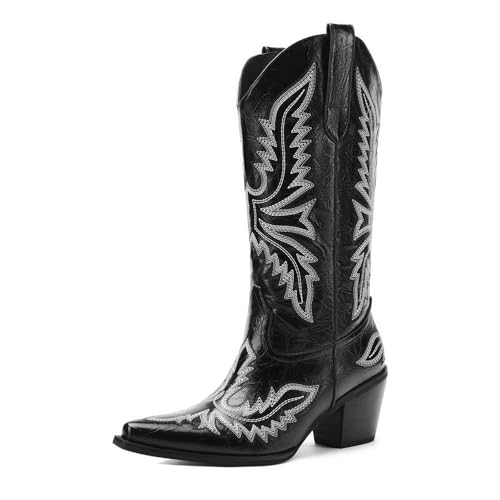 Cowboy Boots for Women – Western Mid-Calf Cowgirl Style – Snip Toe Slip-On Pull-On – 3” Wood-Grain Chunky Heel with Classic Embroidered Pattern