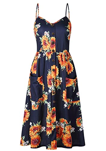 Image of YMING Womens Summer Spaghetti Strap Dresses Button Down Floral Sundress High Waist Swing Midi Dress with Pockets