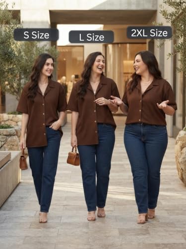Image of Leriya Fashion Shirts for Women | Cuban Collar Textured Half Sleeve Button-Down Casual Shirt | Relaxed Fit Shirt Everyday Office Wear & Vacation Wear
