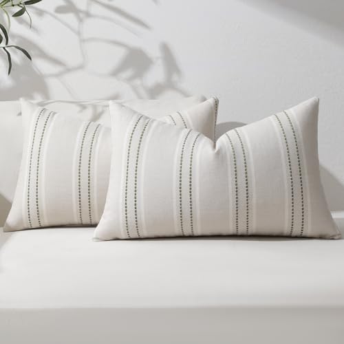 Image of Hckot Throw Pillow Covers 12x20 Set of 2 Striped Pillow Covers Textured Linen Decorative Pillows Lumbar Cushion Covers for Sofa Couch Bed Living Room Farmhouse Decor, Sage Green