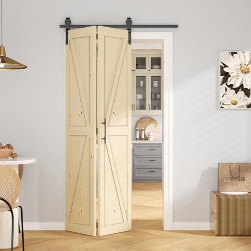 ROOMTEC 36'x84' Solid Pine Bi-Fold Closet Door, Pre-Assembled Folding Interior Door, Natural Wood, Without Track Hardware, for Bedroom, Wardrobe, Laundry Room