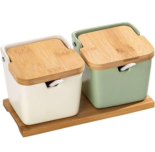 CAFIEDR Juego de recipientes para condimentos, Tarro de cerámica para condimentos, Recipiente para Especias con Cuchara y Tapa, Juego de tarros para Especias, Tarro Organizador p(D)