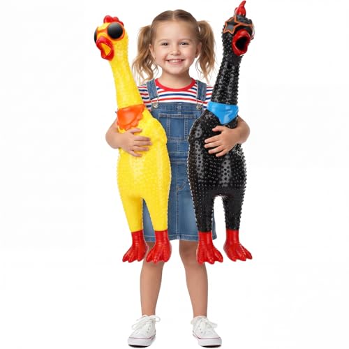 Arrowbash 2 Pcs 23.6 Inch Giant Screaming Chicken Large Screaming Chicken Squeeze Crazy Noise Shrilling Shrieking Squawking Chickens Noisemaker Novelty Gadget for Novelty Gag Gift (Black Yellow)