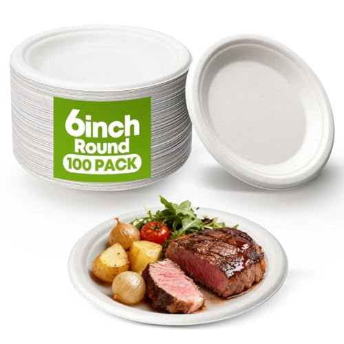 W&Y 100 Pack 6 Inch Disposable Small Paper Plates Heavy Duty Dessert Plates - Compostable Microwave-Safe Leak-Proof Ideal for Parties Picnics & Daily Use