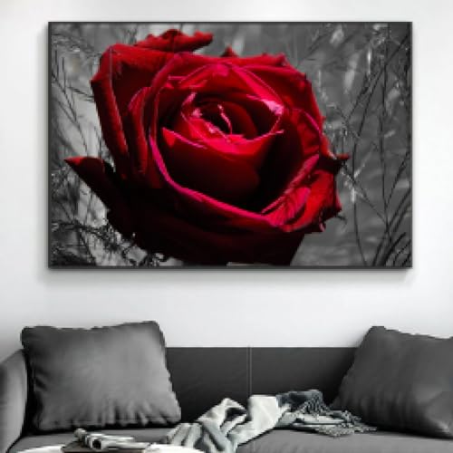 Peinture sur toile rose rouge et design noir et blanc, décoration murale de salon 35x50 cm