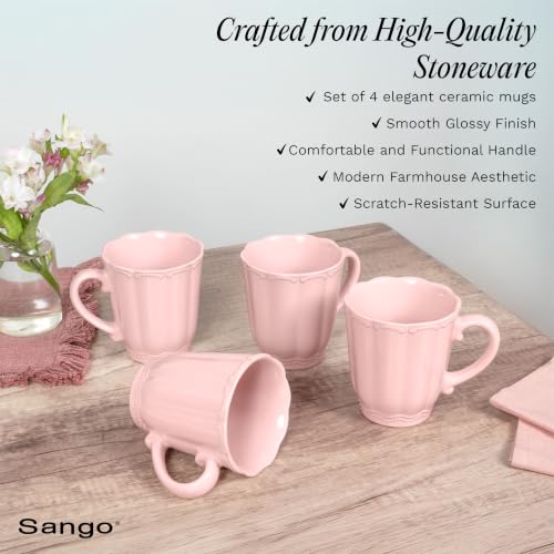 Image of SANGO Bethany Pink Mugs Set of 4, 15 oz Stoneware Pink Coffee Mugs, Vibrant Ceramic Drinkware for Coffee, Tea or Cocoa, Durable Everyday Cups, Dishwasher & Microwave Safe, Kitchen Mug Set