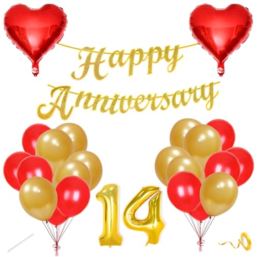 Image of Flyloons 14th Happy Anniversary Decoration Items Red Gold for Men Women Husband Wife Mom Dad Parent Couple Home Bedroom Car With 20 Pcs Metallic Balloons Anniversary Banner 2 Pcs Heart Set Kit