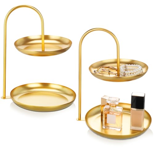 Maxcheck 2 Pcs Necklace Display Stand 2 Tier Jewelry Holder Tabletop Jewelry Organizer Tower with Round Storage Tray Organizer Tower for Bracelets Necklaces Earrings Makeups(Gold)