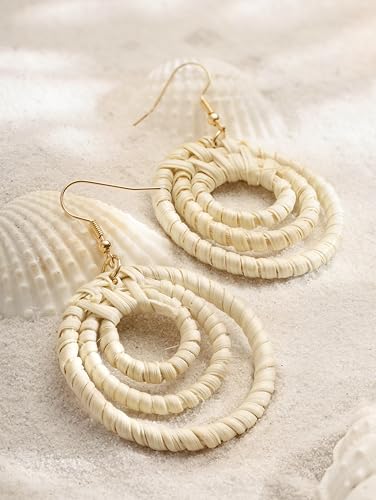 Image of MINACHI Boho Chic Handmade Rattan Wood Dangle Drop Earrings for Women, Bohemian Summer Beach Statement Jewelry Gift for Women