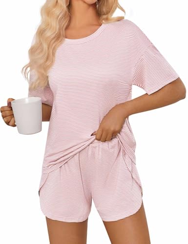 JUSTFASHIONNOW Womens Pajama Sets Shorts Striped Print Two Piece Lounge Sets Crew Neck Sleepwear Split Shorts Set Soft Pjs2