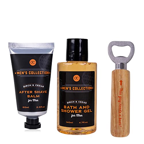 Accentra Geschenkset MEN’S COLLECTION in Geschenkbox aus Kraftpapier mit Griff, inkl. 140ml Badegel und Duschgel, 60ml After Shave Balsam und Flaschenöffner mit Holzgriff, Duft: Birke & Zeder