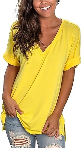Image of Sampeel Women's V Neck T Shirts Casual Rolled Short Sleeve Side Split Summer Tops Loose Fit