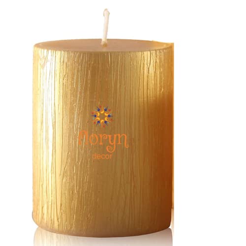 Floryn Decor Rustic Finish Metallic Big Pillar Candle | Smokeless & Dripless Pillar Candle (Gold, 3 * 3 inch)