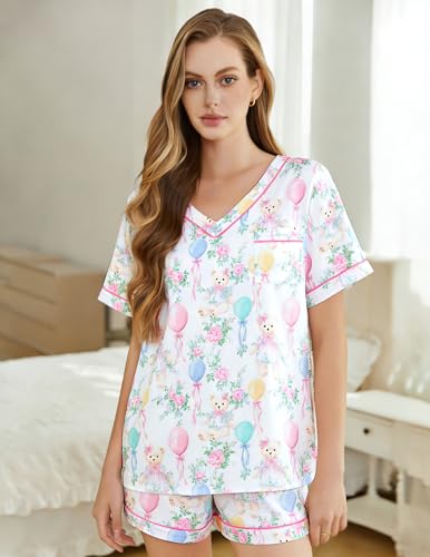 Image of ASTANFY Valentines Day Pajamas Women 2 Piece Silk Valentine Pjs Cute Heart Pajamas V Neck Satin Sleepwear Loungewear Set