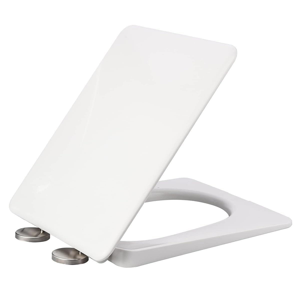 Asiento de inodoro de cierre suave, tapa de polipropileno blanco resistente con bisagras ajustables de acero inoxidable de liberación rápida para una fácil limpieza, funda cuadrada para asiento de
